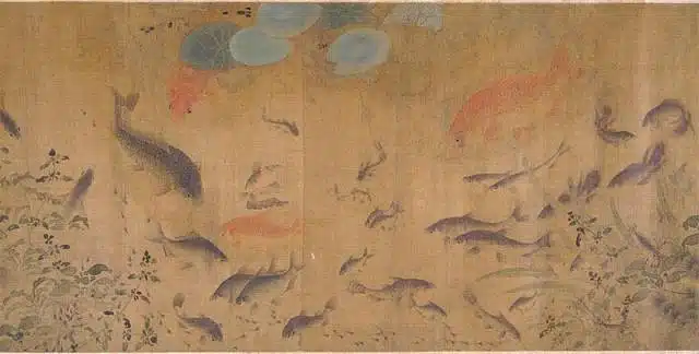 A traditional Chinese painting titled "Goldfish in Fish Swimming Amid Falling Flowers" by Liu Cai. The artwork depicts a serene underwater scene featuring a variety of fish, including goldfish, swimming gracefully among delicate aquatic plants and falling flowers. The soft, muted colors and intricate brushwork capture the tranquil beauty of the natural world.