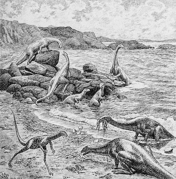 Heilmann's outdated 1913 restoration of Podokesaurus running near a lake and other dinosaurs