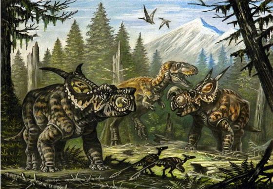 chelousaurus, Einiosaurus, and a tyrannosaur, most likely Daspletosaurus.