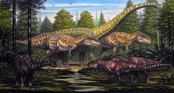 Restoration of Giganotosaurus with contemporary dinosaurs