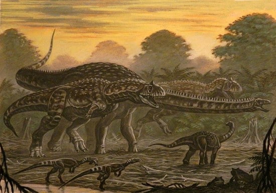 Two Majungasaurus chasing Rapetosaurus, with Masiakasaurus in the foreground.