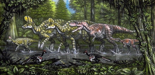 Life restoration of L. magnicristatus being chased by Gorgosaurus