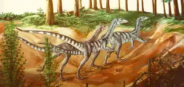 Artistic depiction of two Chindesaurus bryansmalli dinosaurs in a forested environment. These Late Triassic bipedal carnivores are shown with elongated tails and striped patterns, running through a prehistoric landscape. The image captures their agile and predatory nature, offering a glimpse into their possible behavior and habitat.