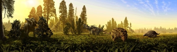Depiction of the mega-herbivores in the Dinosaur Park Formation, C. belli on the left