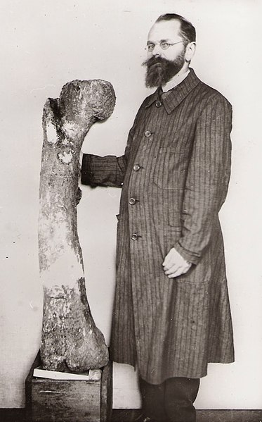Ernst Stromer next to a femur of Bahariasaurus