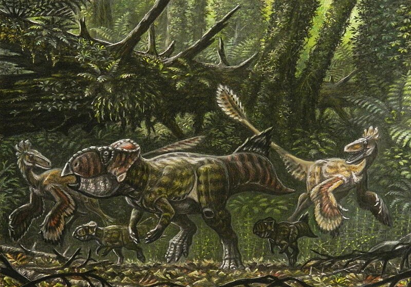 Illustration of a prehistoric scene showing Saurornitholestes hunting a group of Cerasinops. The image depicts the dynamic interaction between the predatory Saurornitholestes, with its feathered body and sharp claws, and the herbivorous Cerasinops, characterized by its beak-like mouth and frill. The scene takes place in a lush, forested environment, highlighting the Late Cretaceous period's diverse ecosystem.