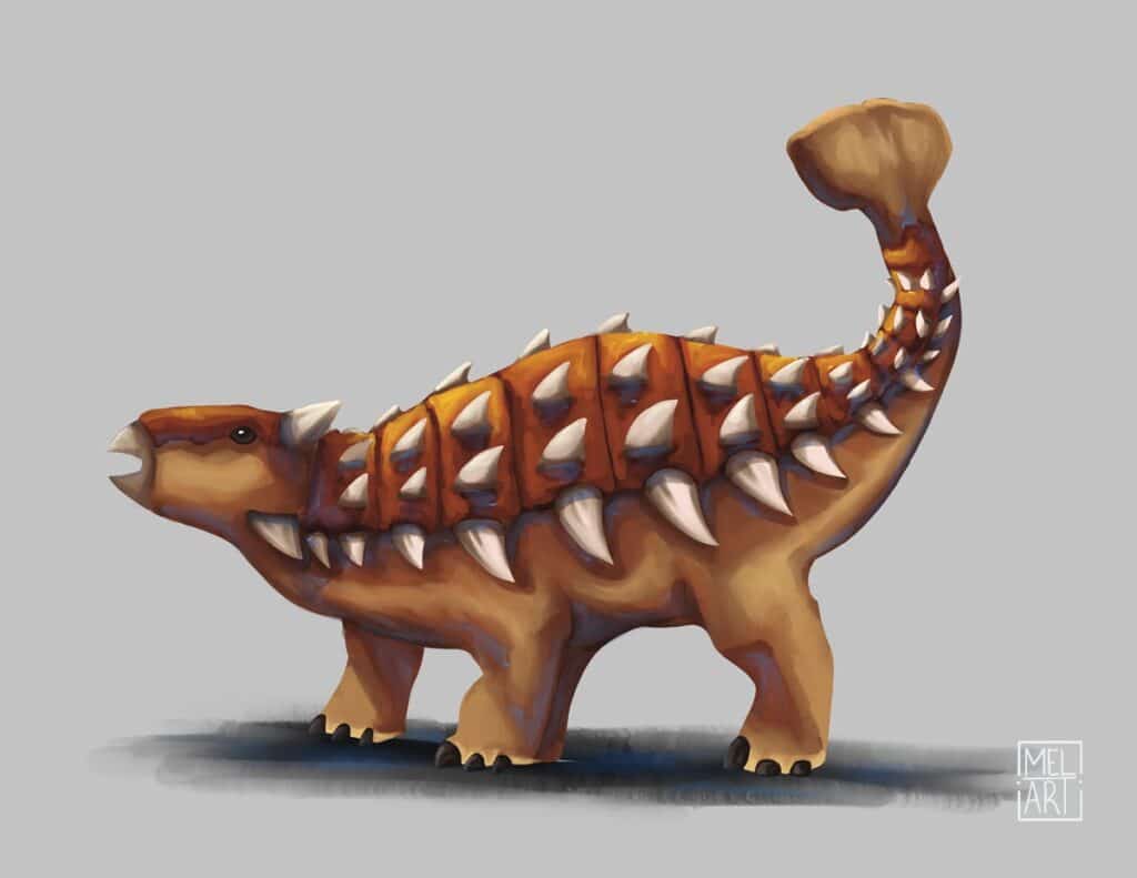 Illustration of Ankylosaurus magniventris, a heavily armored herbivorous dinosaur from the Late Cretaceous period. The Ankylosaurus is depicted with its characteristic bony plates and spikes, as well as its distinctive clubbed tail used for defense.