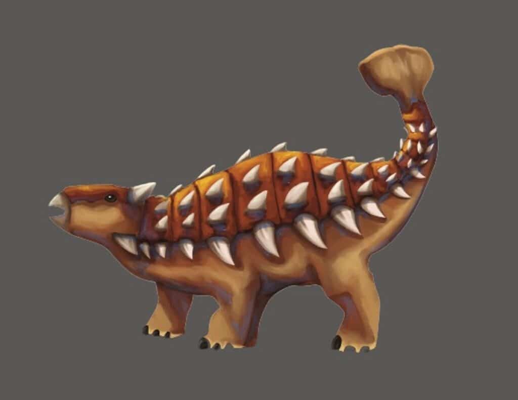 Illustration of Ankylosaurus, a quadrupedal herbivorous dinosaur from the Late Cretaceous period. The image highlights the distinctive armored body and tail club of Ankylosaurus, used for defense against predators. The dinosaur is depicted with a series of large, sharp spikes along its back, emphasizing its protective adaptations.