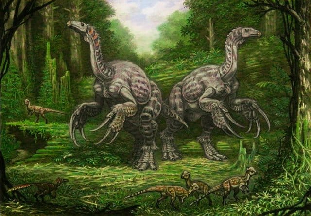 Restoration of Therizinosaurus, Tylocephale (actually Prenocephale) and Velociraptor (actually Adasaurus).