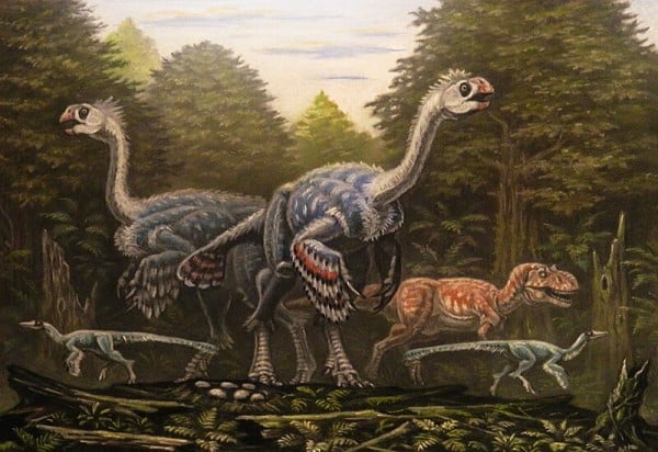 Restoration of two Gigantoraptors protecting their nest from two Archaeornithomimus and an Alectrosaurus