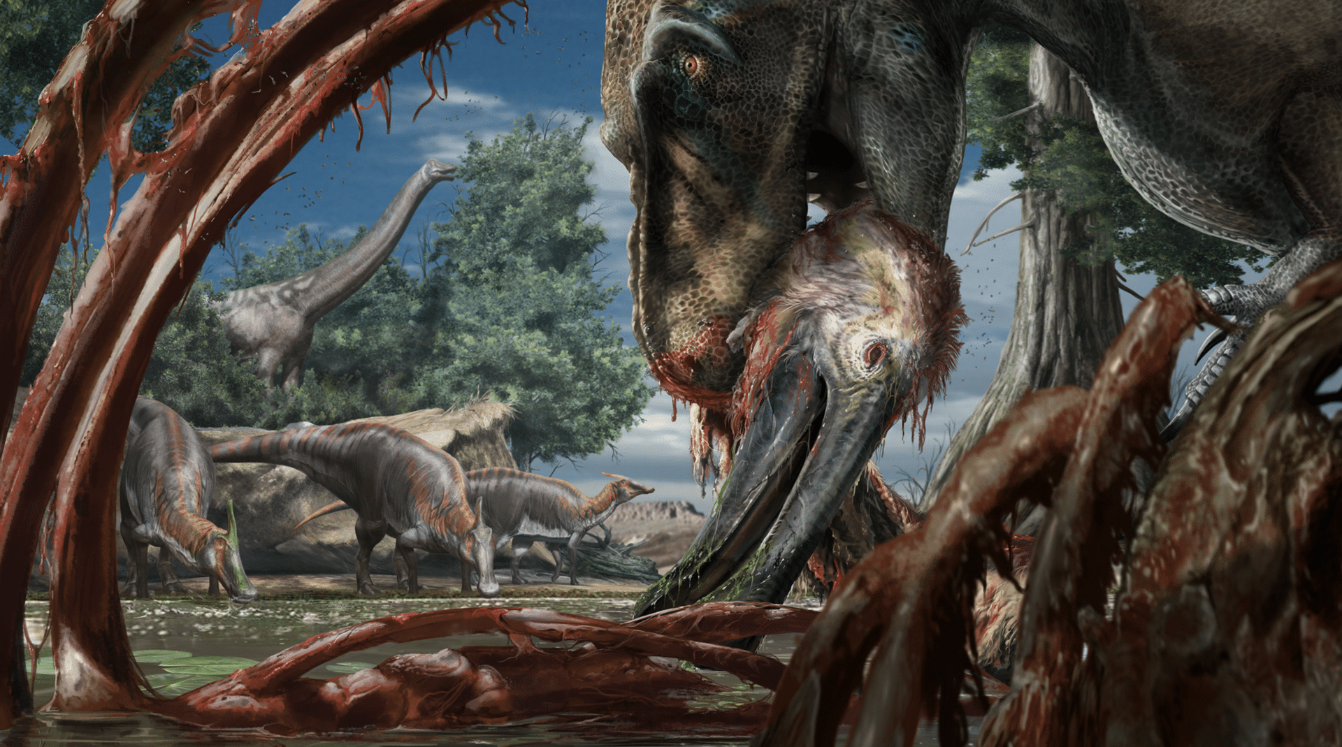 Life reconstruction of the Nemegt Formation with Tarbosaurus feeding on a Deinocheirus carcass and Saurolophus drinking nearby
